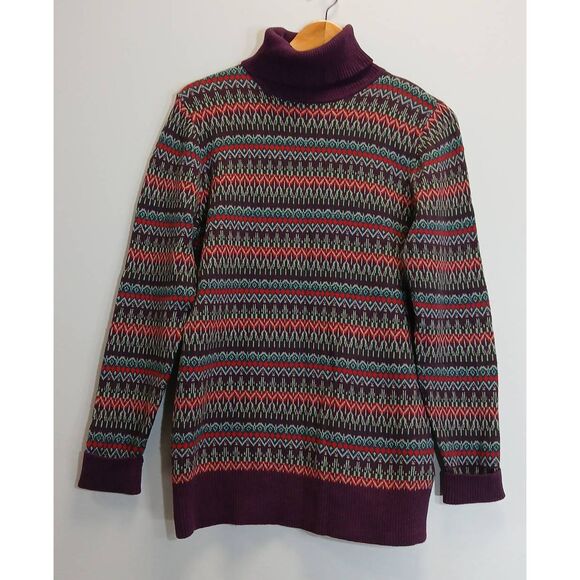 Ll bean womens medium turtleneck sweater cotton cashmere purple fairisle tunic - Picture 2 of 9